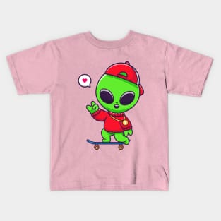 Cool Alien Playing Skateboard Cartoon Kids T-Shirt